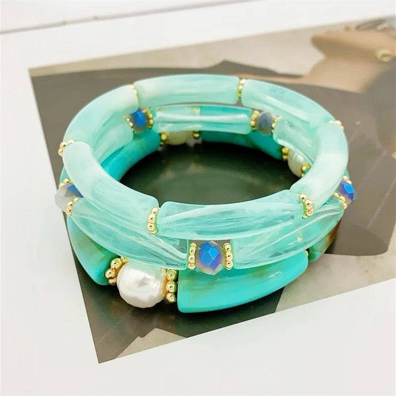 Sea Glass & Pearl Stackable Bracelet Set