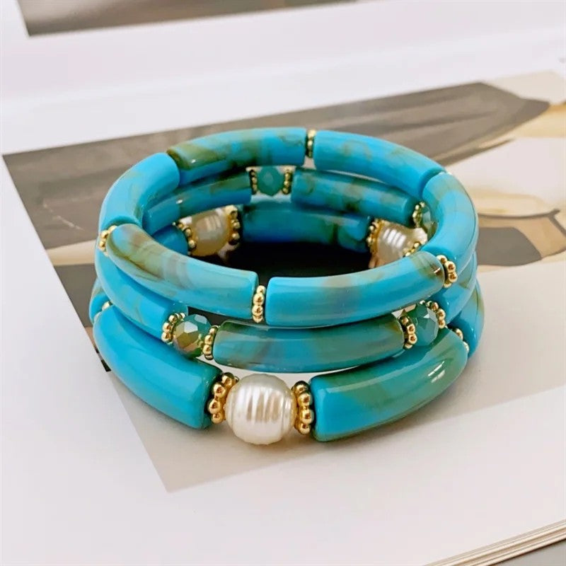 Sea Glass & Pearl Stackable Bracelet Set
