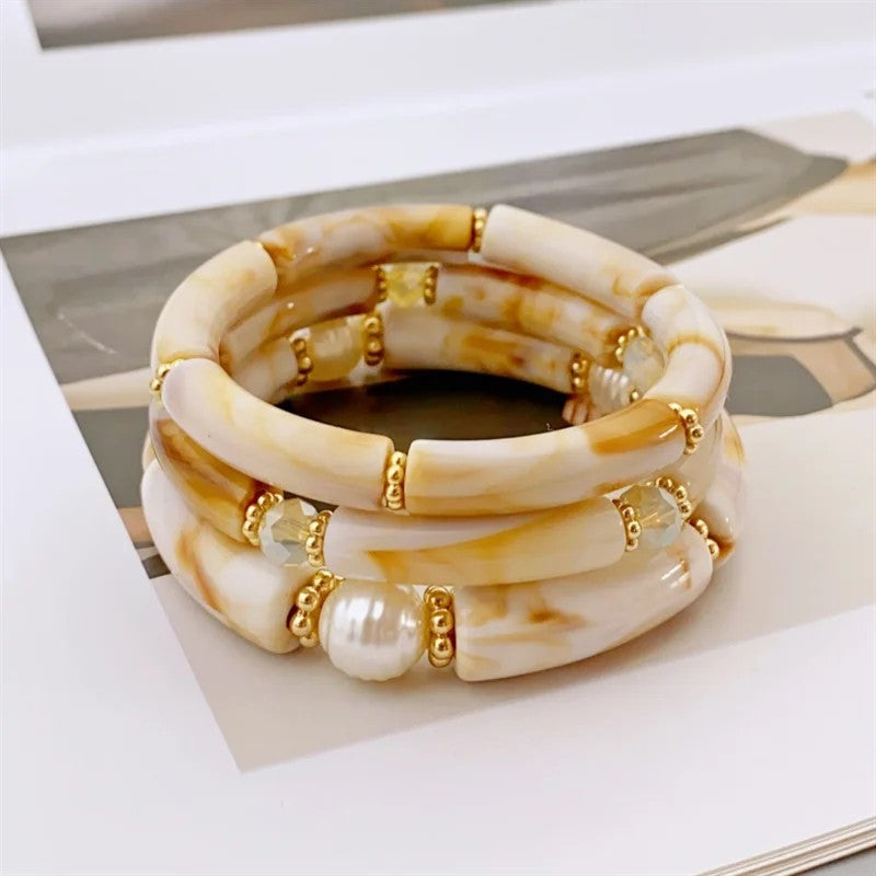 Sea Glass & Pearl Stackable Bracelet Set
