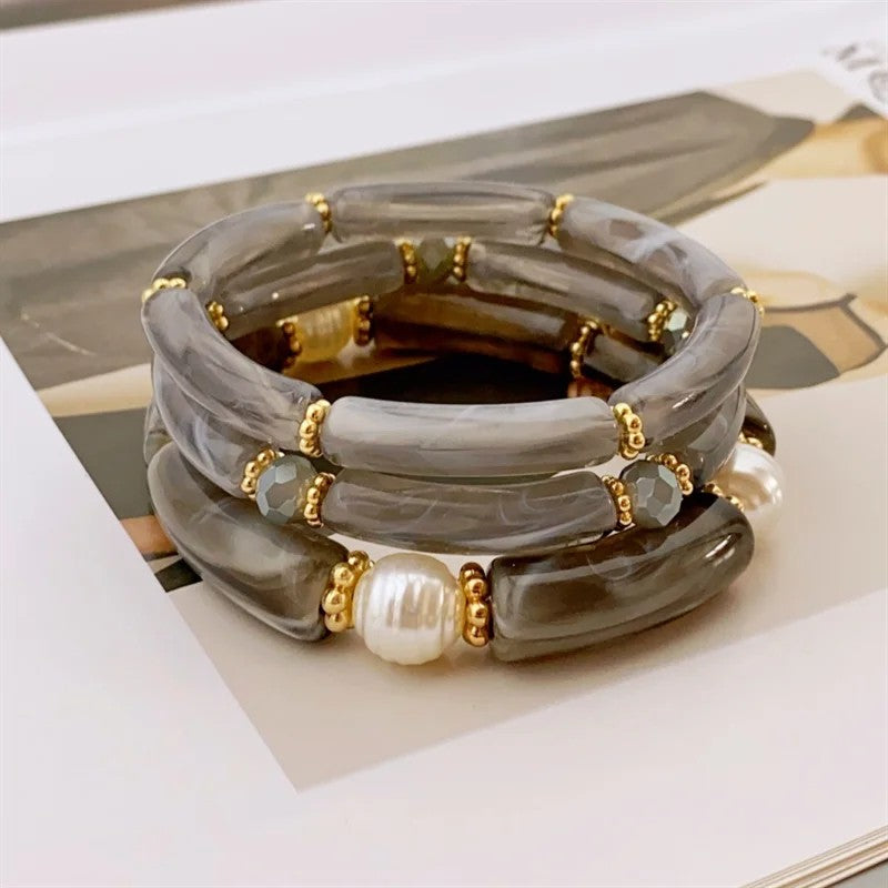 Sea Glass & Pearl Stackable Bracelet Set