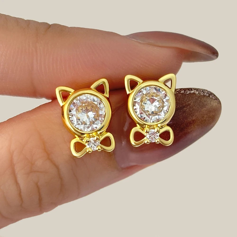 Cat Crystal Bow Stud Earrings