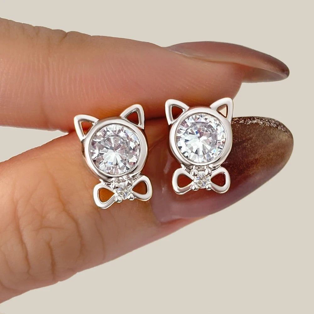 Cat Crystal Bow Stud Earrings