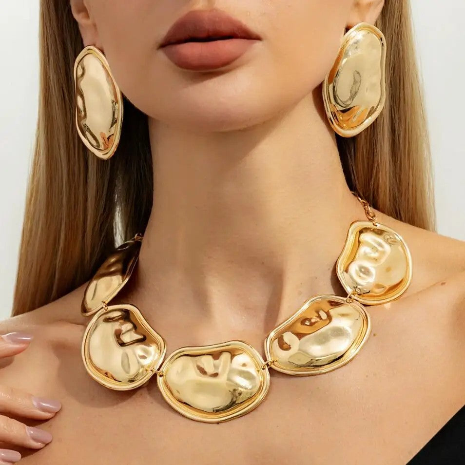 Smooth Gold-Tone Organic Necklace & Earring Set