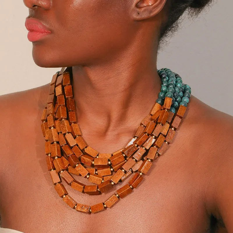 Wooden Block & Teal Bead Layered Necklace