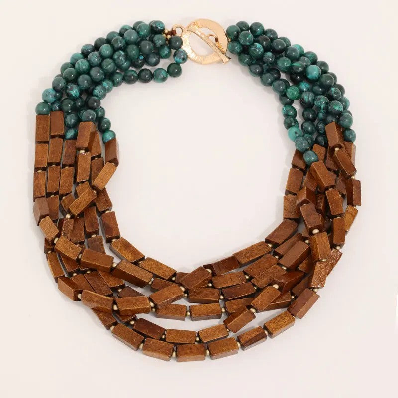 Wooden Block & Teal Bead Layered Necklace