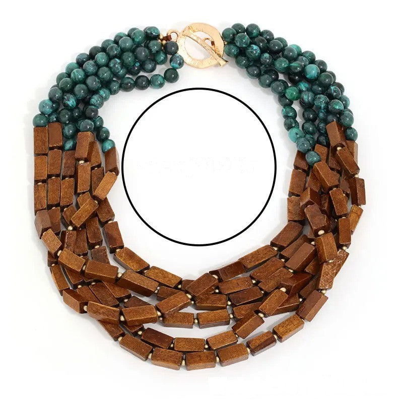 Wooden Block & Teal Bead Layered Necklace