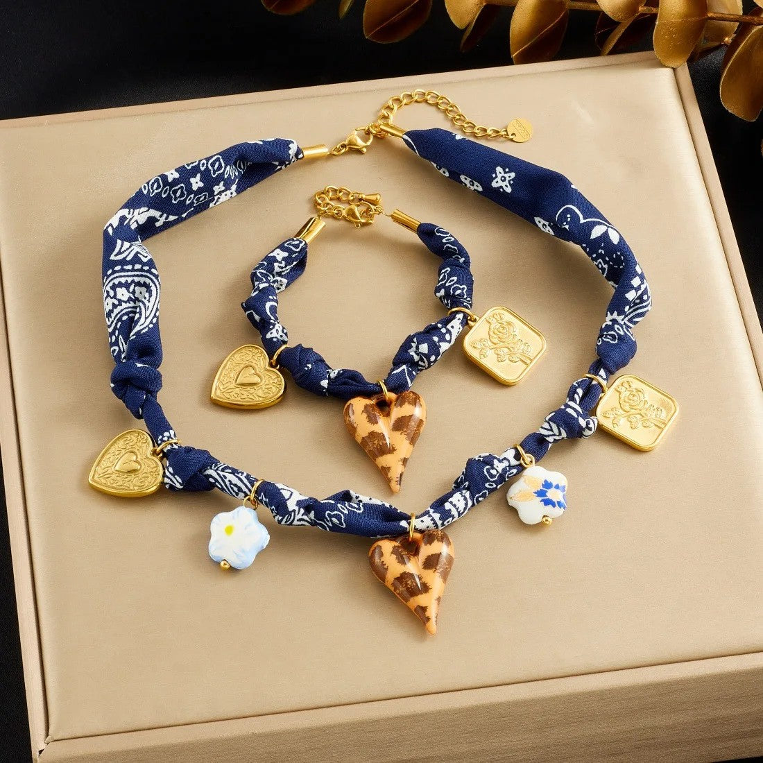 Leopard Heart & Floral Ribbon Jewelry Set