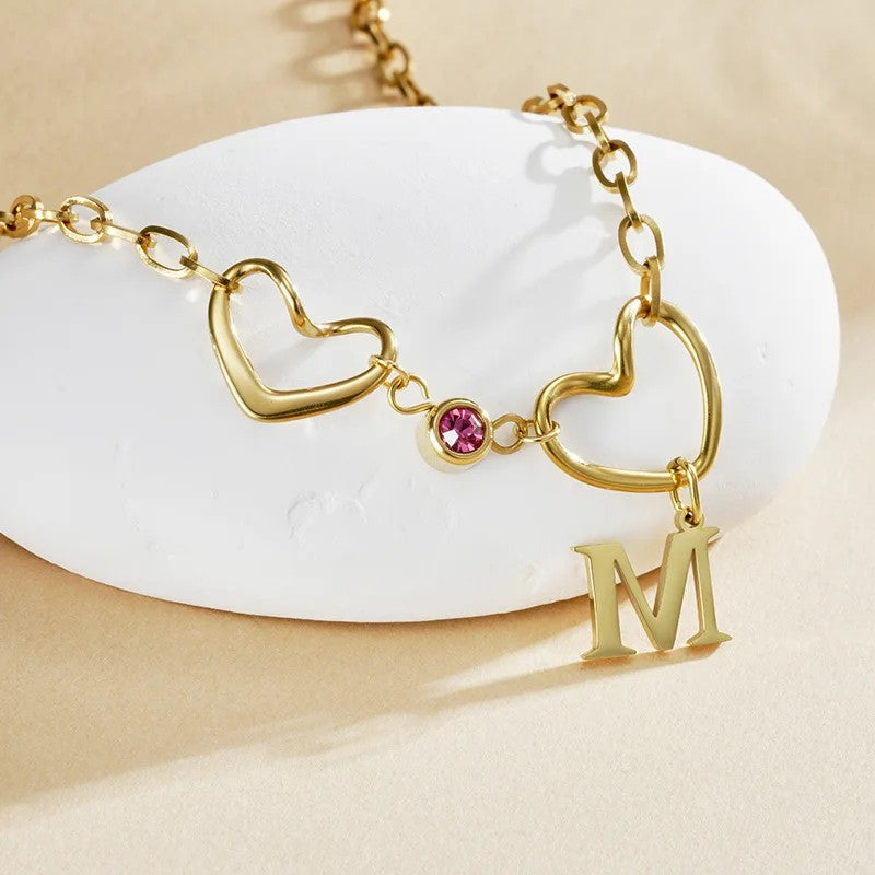 Double Heart Initial Birthstone Necklace