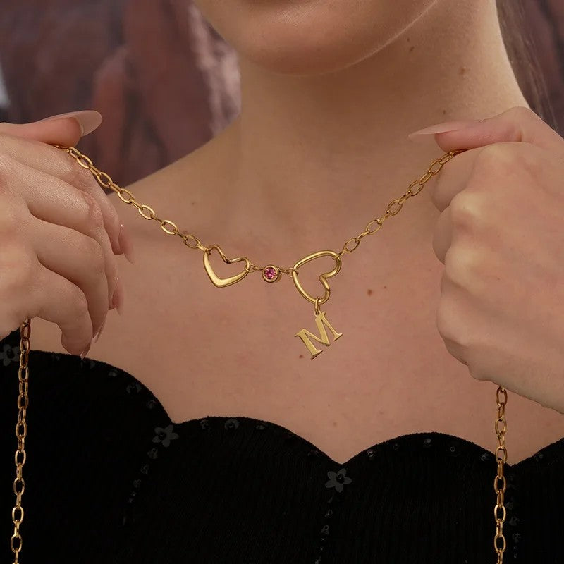 Double Heart Initial Birthstone Necklace