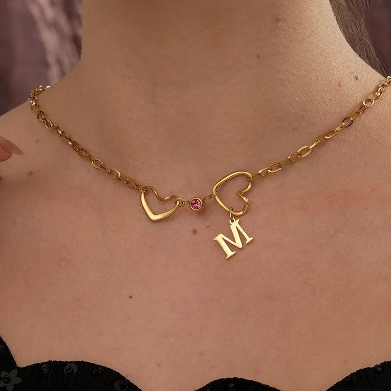Double Heart Initial Birthstone Necklace