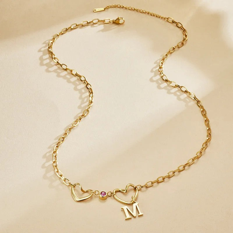 Double Heart Initial Birthstone Necklace