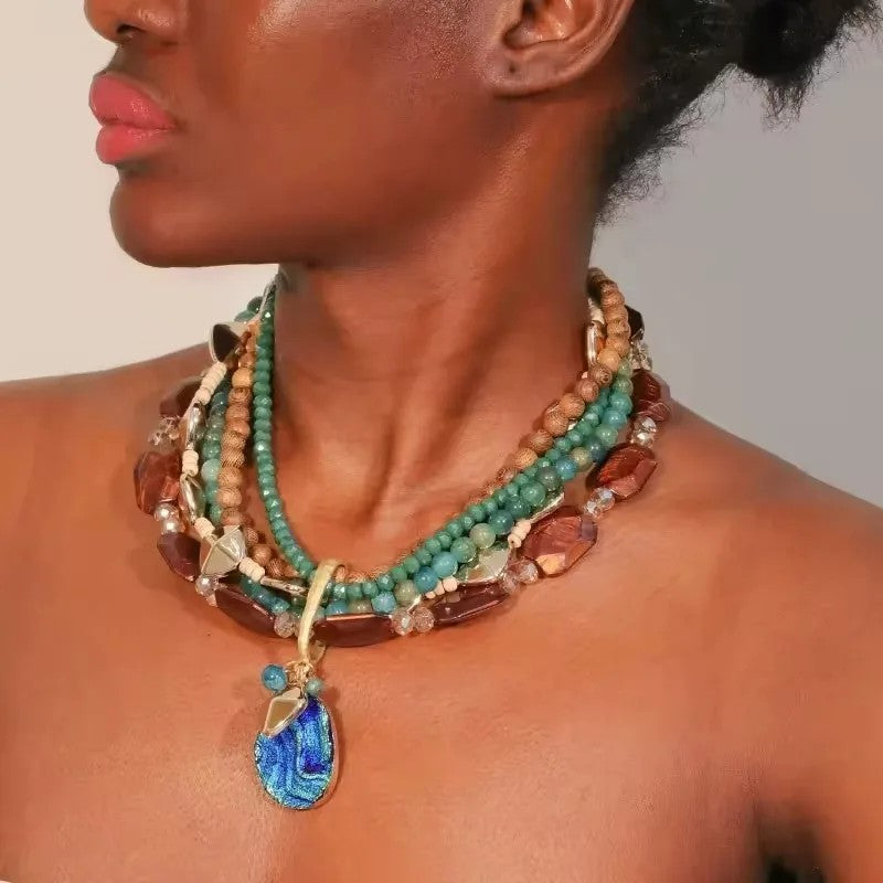 Layered Teal & Wood Bead Necklace