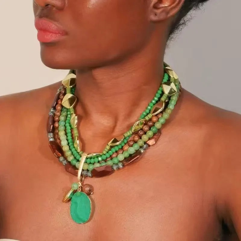 Layered Teal & Wood Bead Necklace