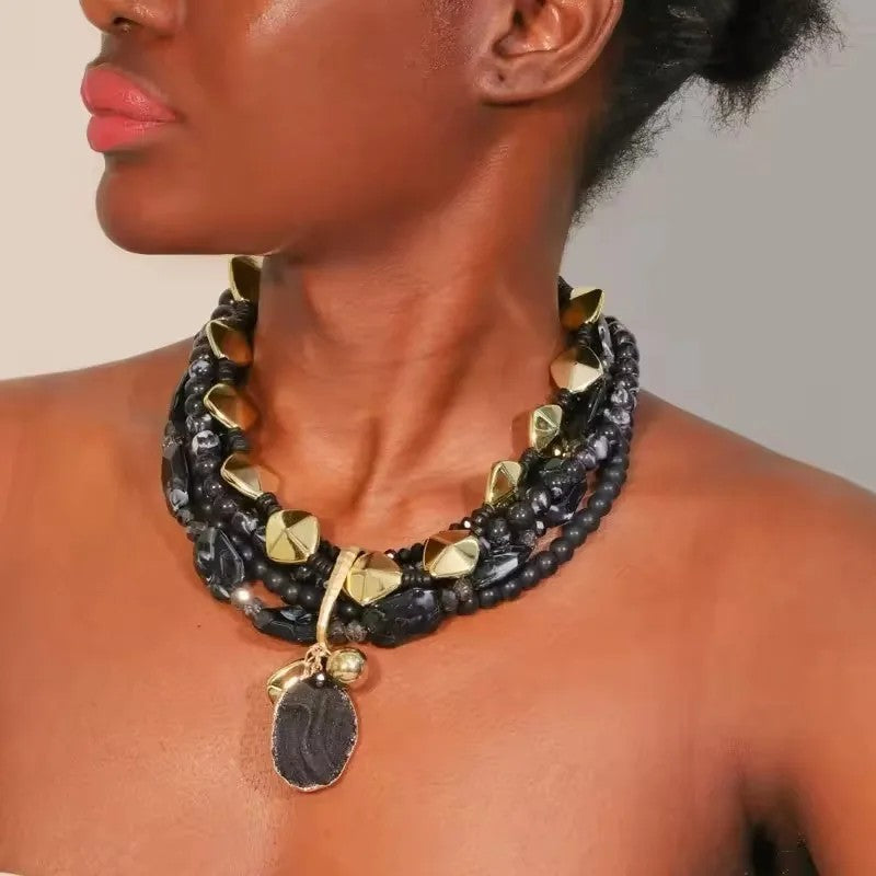 Layered Teal & Wood Bead Necklace