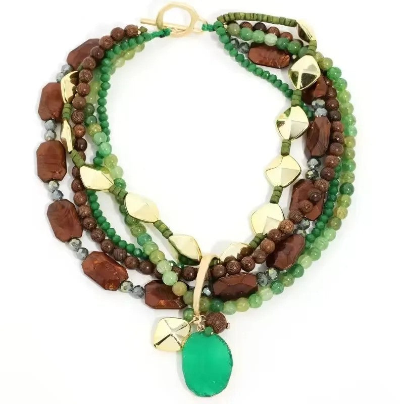 Layered Teal & Wood Bead Necklace