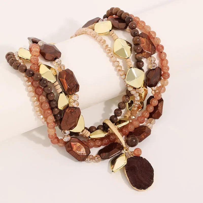 Layered Teal & Wood Bead Necklace