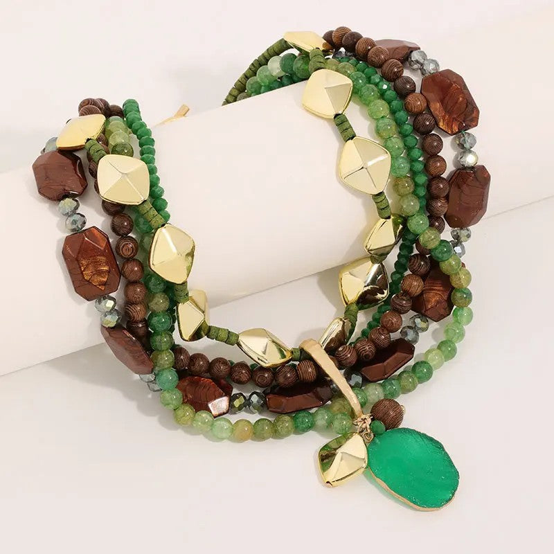 Layered Teal & Wood Bead Necklace