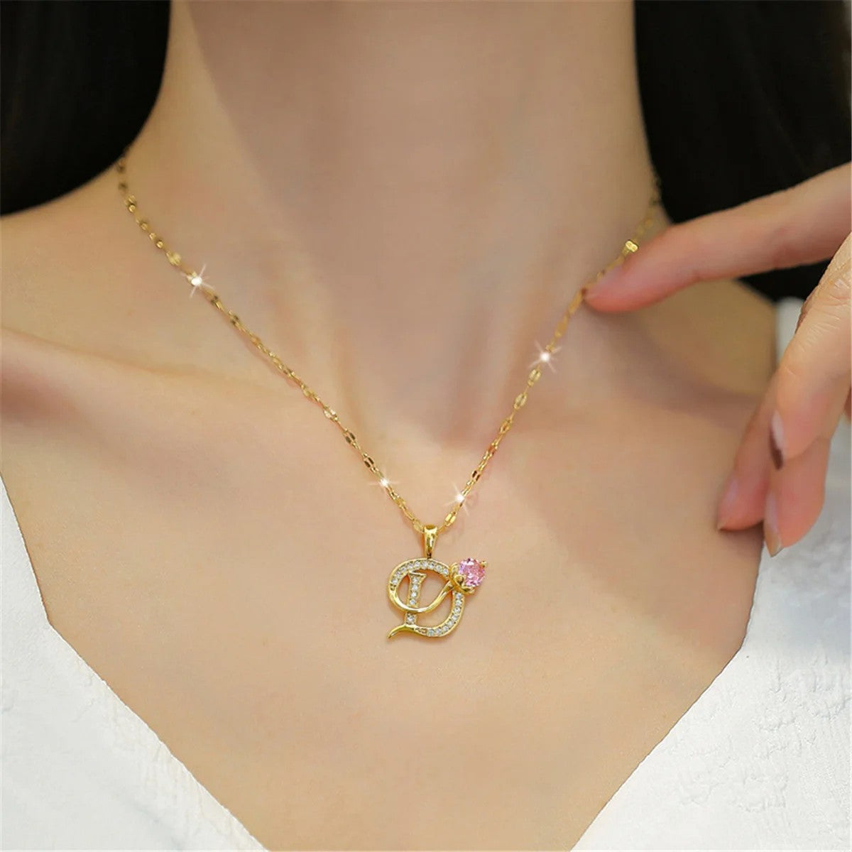 Gold Crystal Initial D Necklace