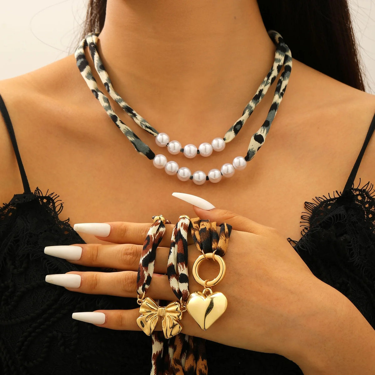 Leopard Print Pearl & Bow Necklace