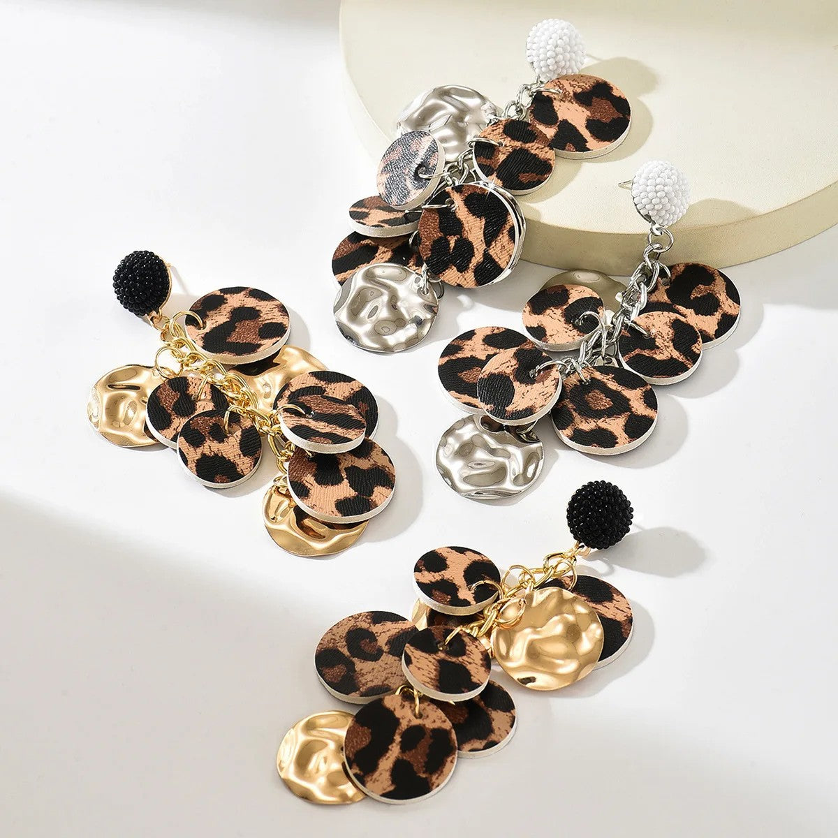 Leopard Print Hammered Disc Drop Earrings