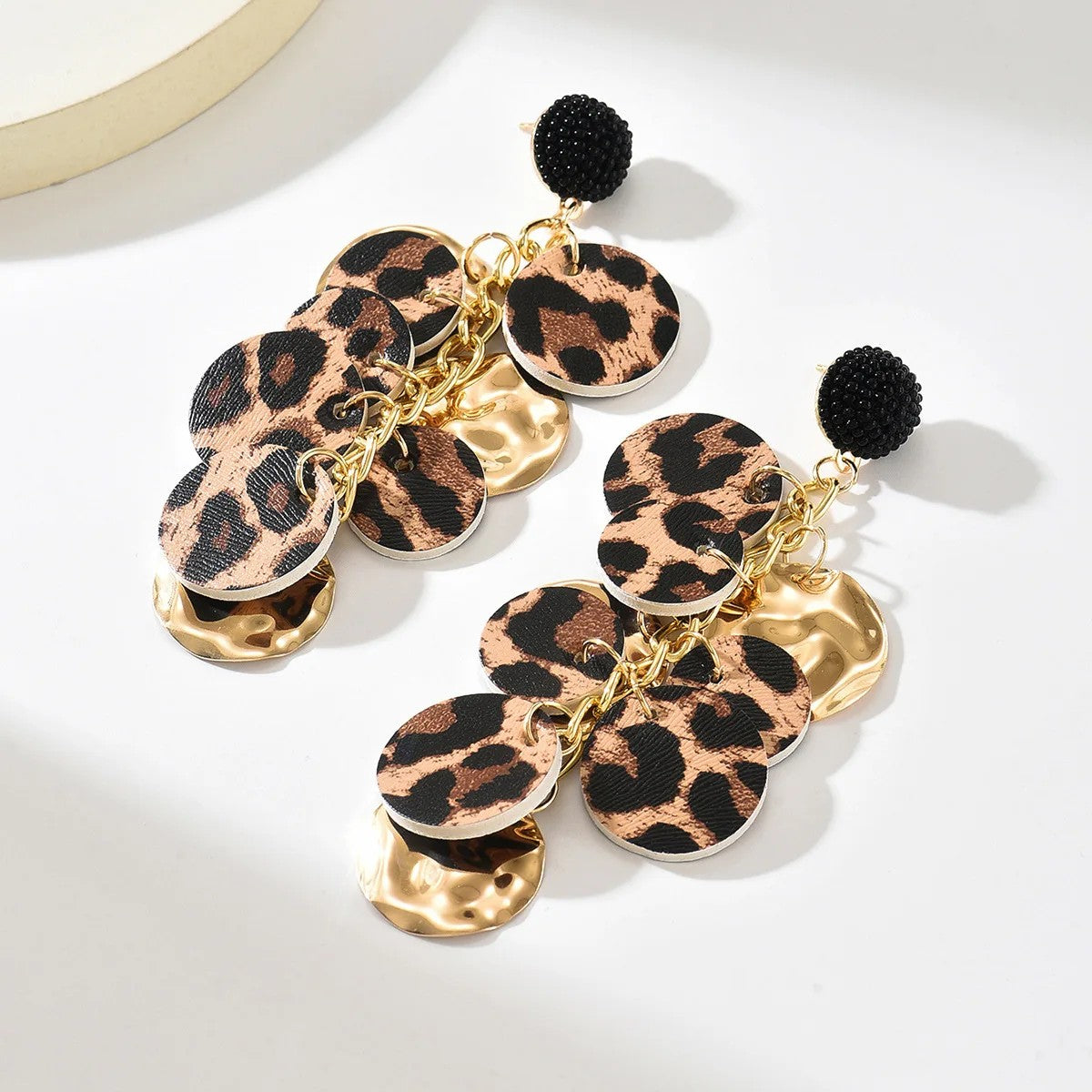 Leopard Print Hammered Disc Drop Earrings