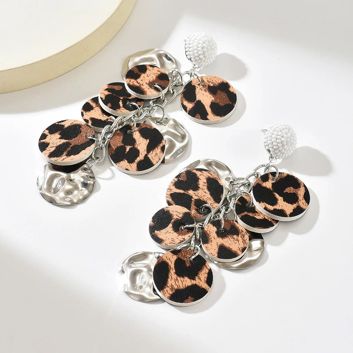 Leopard Print Hammered Disc Drop Earrings