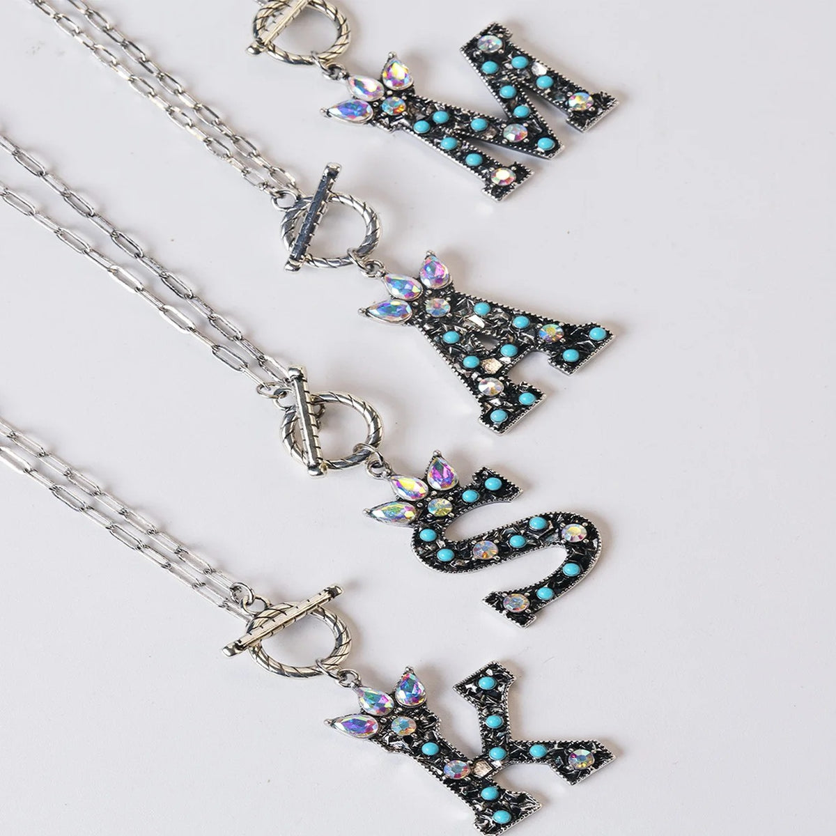 Antique Silver Crystal Initial Necklace