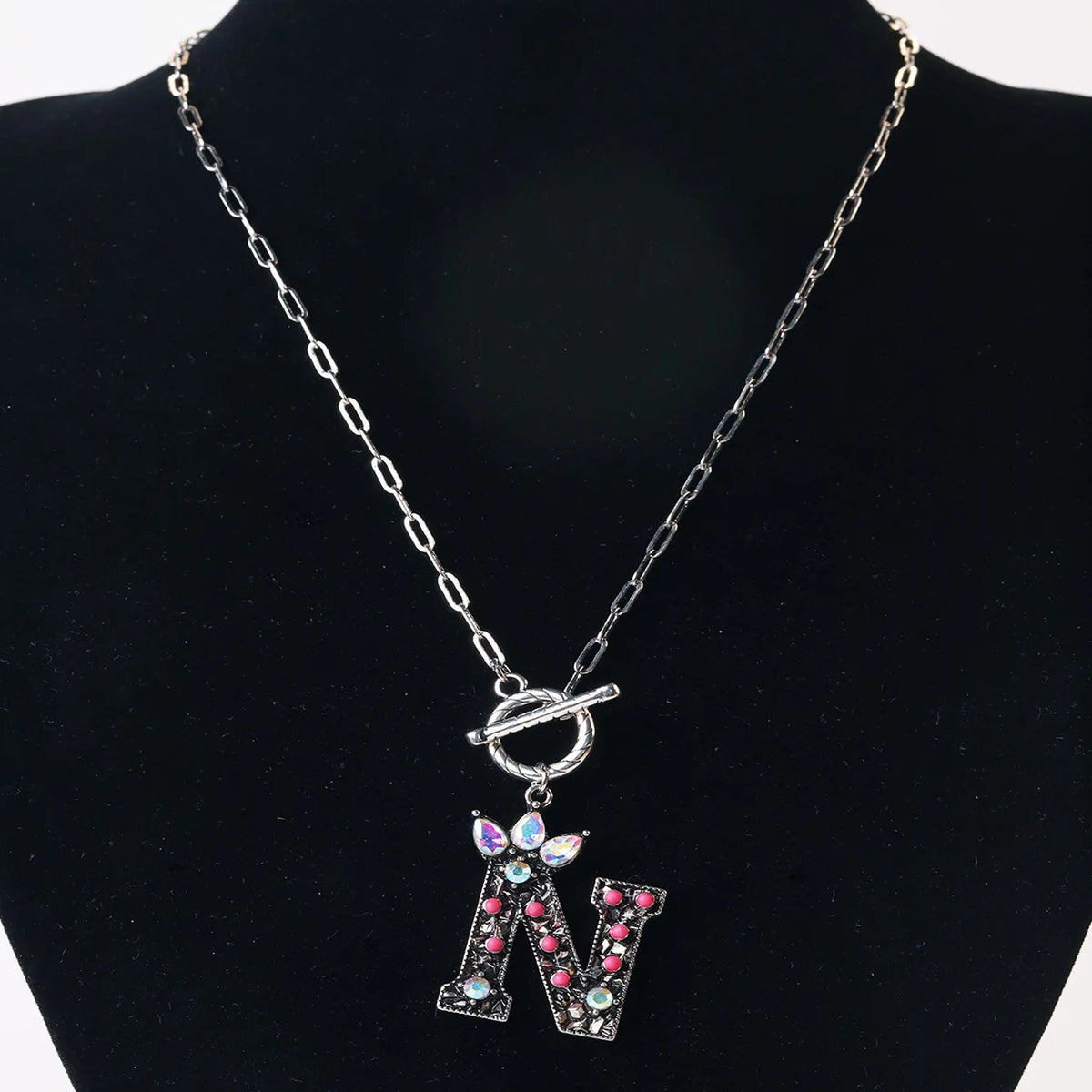 Antique Silver Crystal Initial Necklace