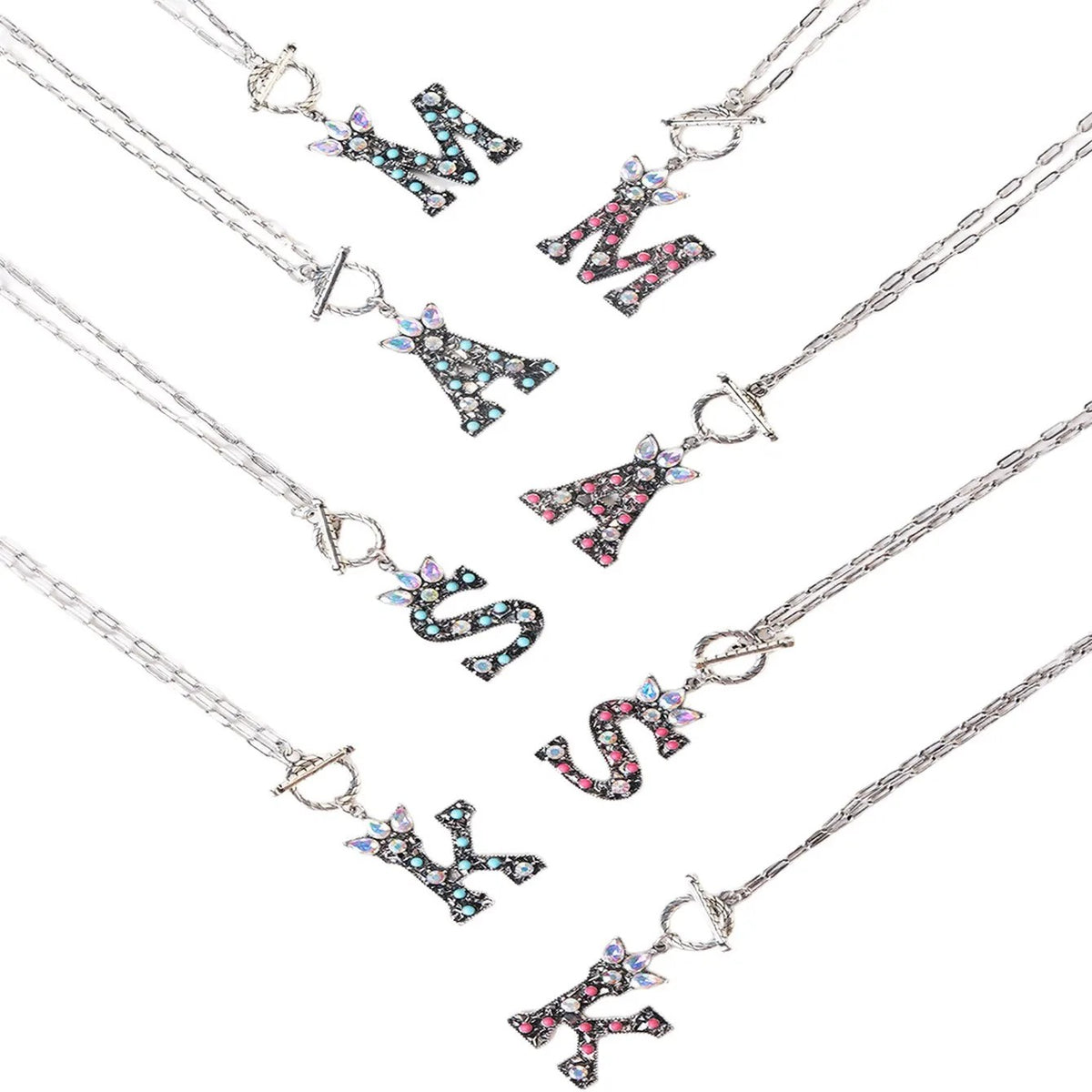 Antique Silver Crystal Initial Necklace