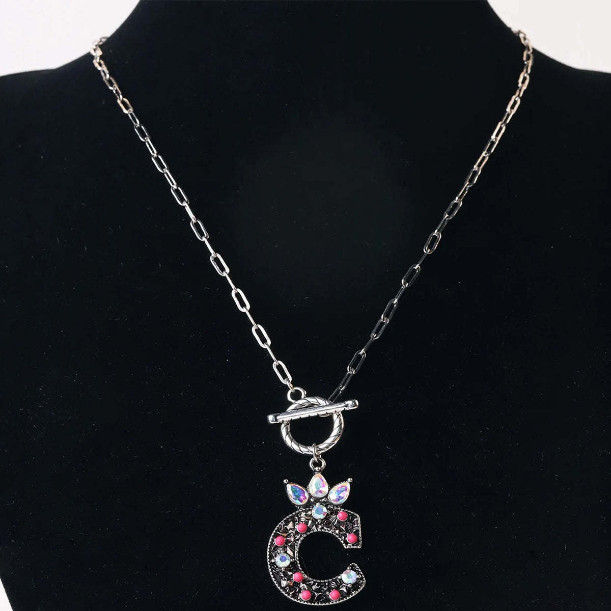Antique Silver Crystal Initial Necklace