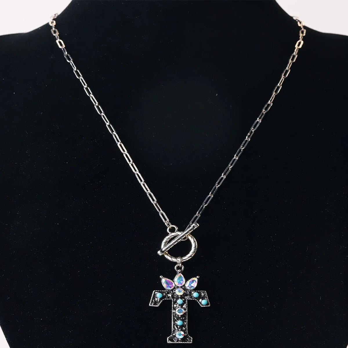 Antique Silver Crystal Initial Necklace