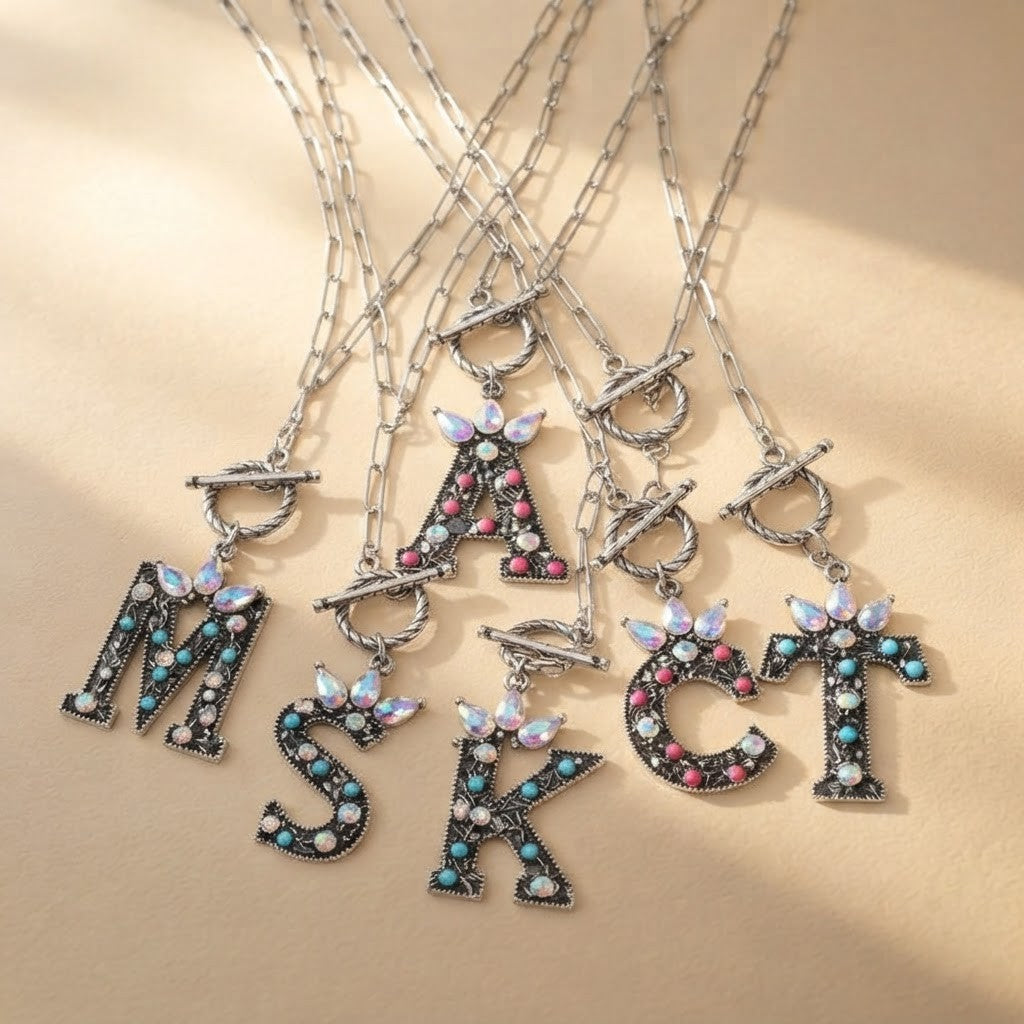 Antique Silver Crystal Initial Necklace