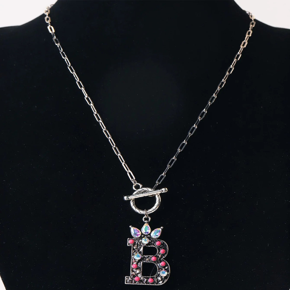 Antique Silver Crystal Initial Necklace