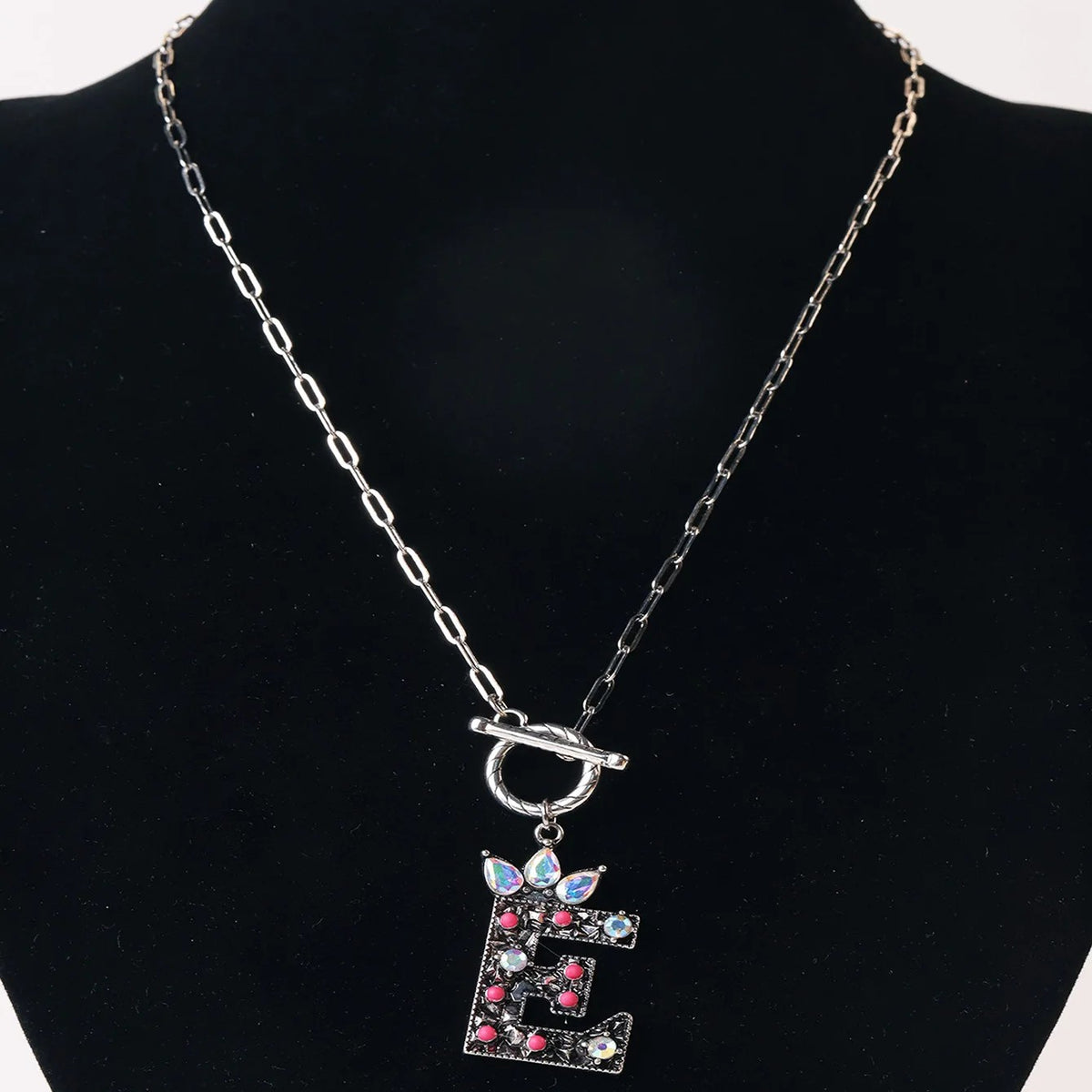 Antique Silver Crystal Initial Necklace