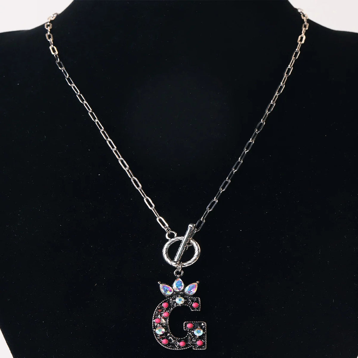 Antique Silver Crystal Initial Necklace