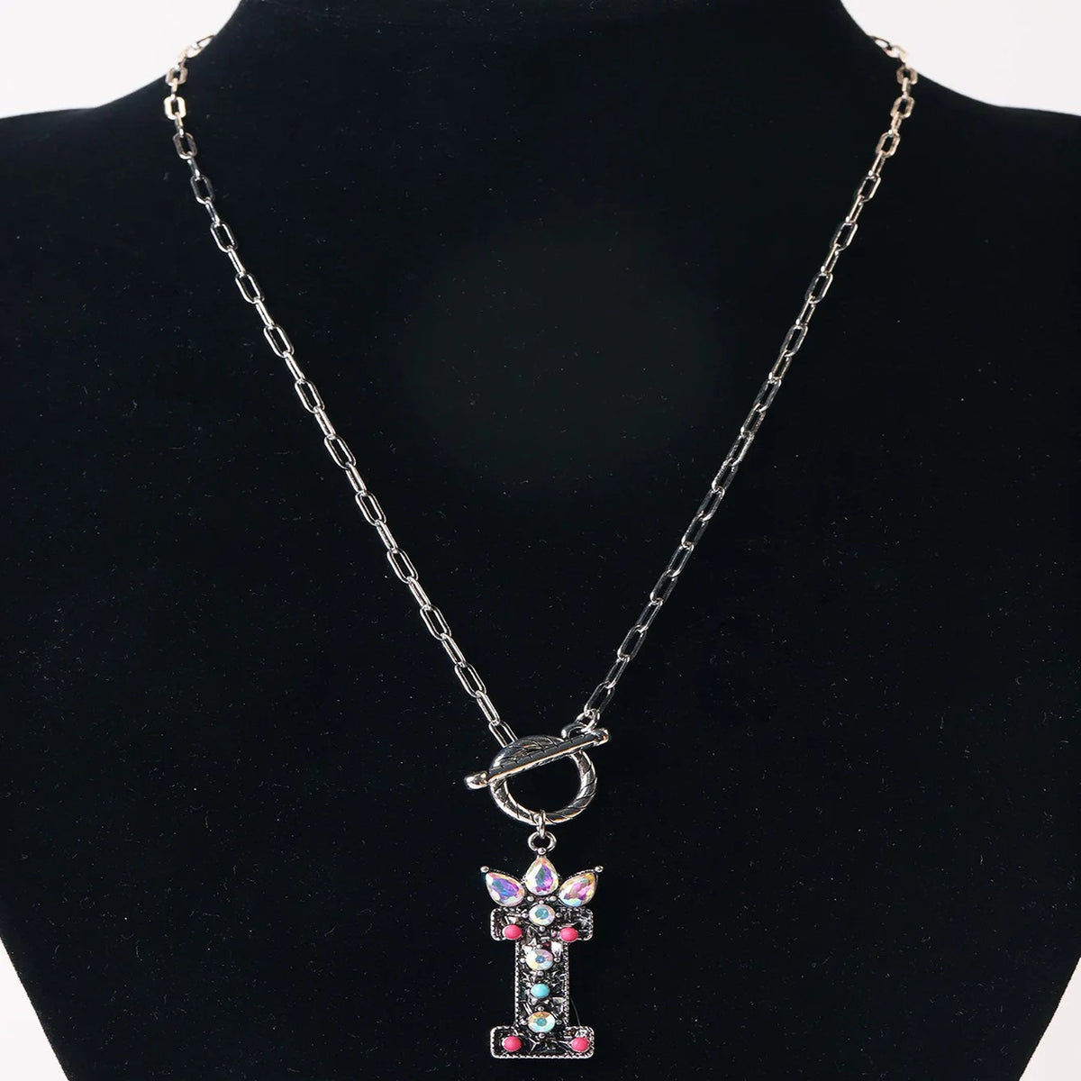 Antique Silver Crystal Initial Necklace