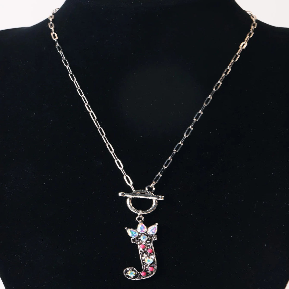 Antique Silver Crystal Initial Necklace