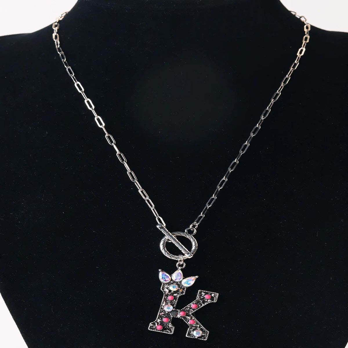Antique Silver Crystal Initial Necklace
