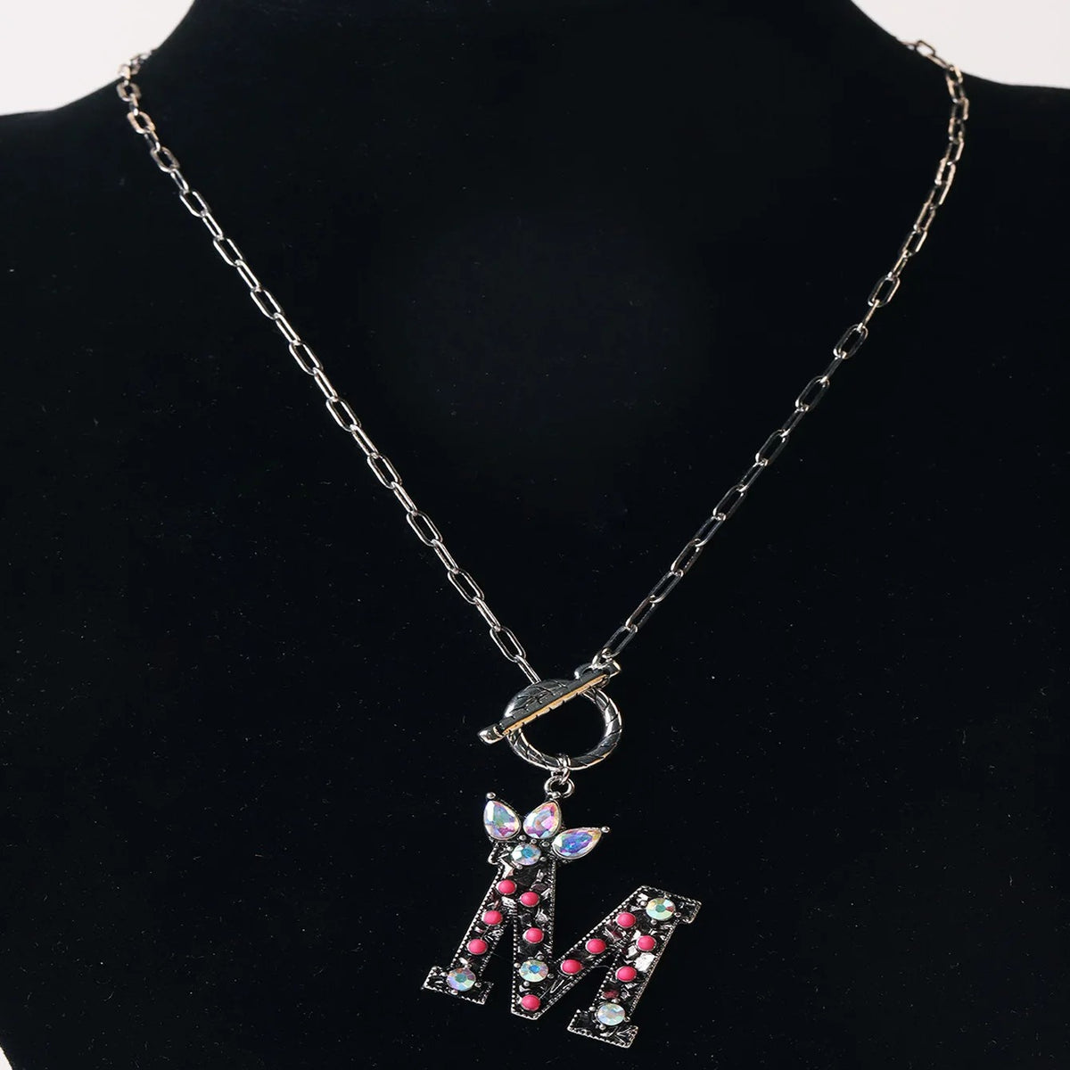 Antique Silver Crystal Initial Necklace