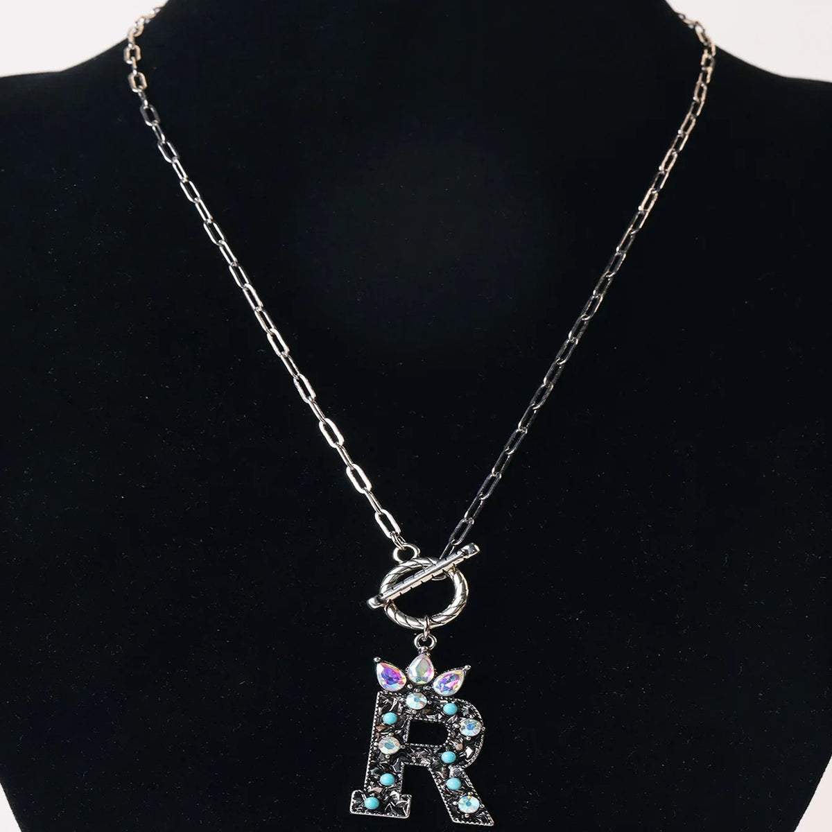 Antique Silver Crystal Initial Necklace