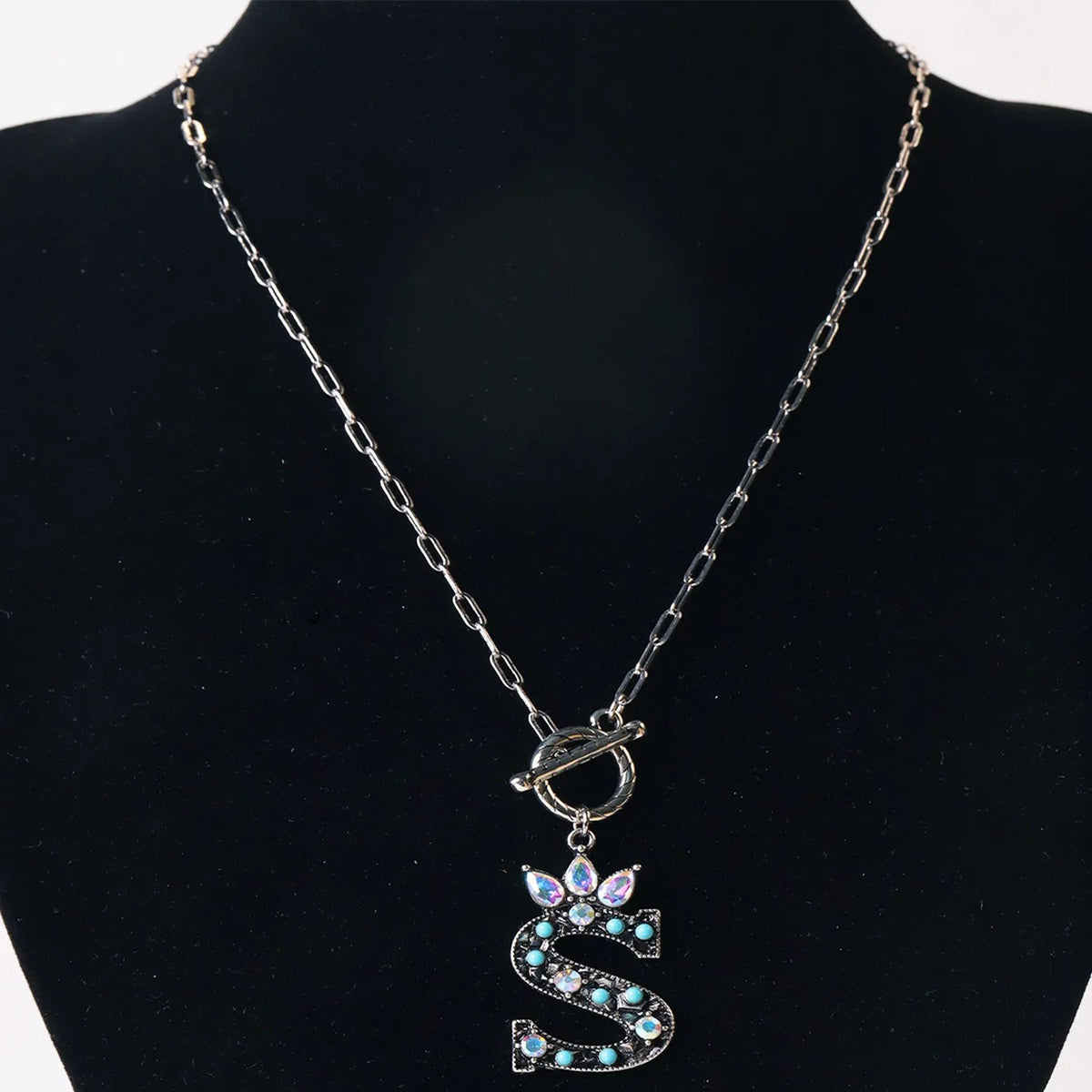 Antique Silver Crystal Initial Necklace