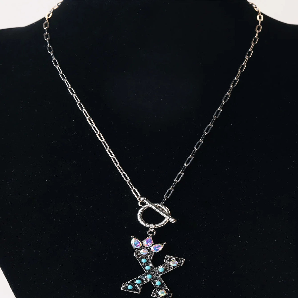 Antique Silver Crystal Initial Necklace