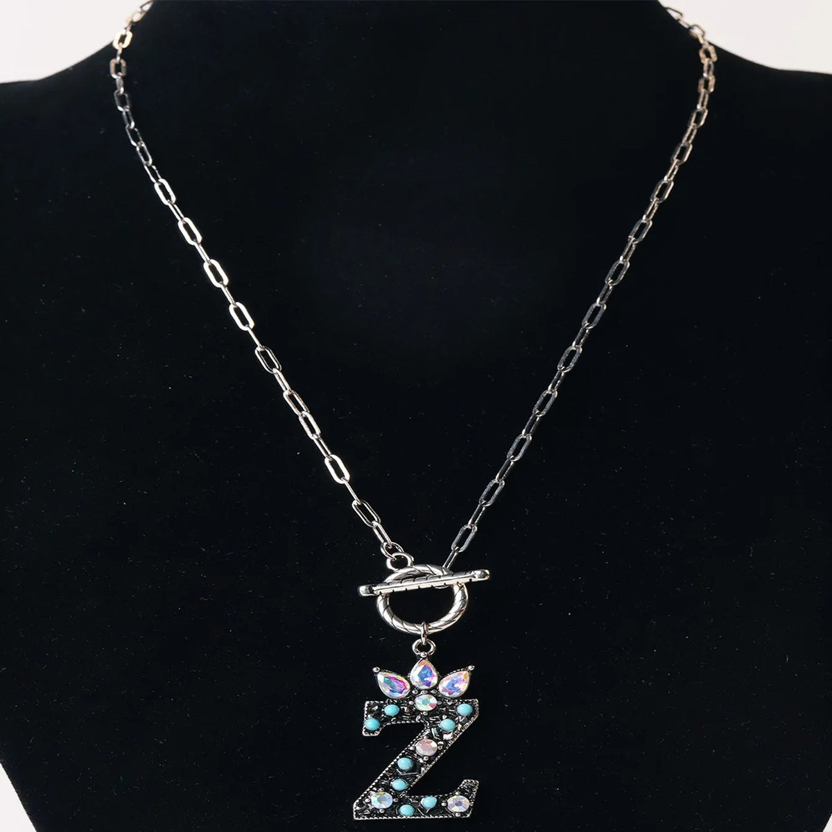 Antique Silver Crystal Initial Necklace