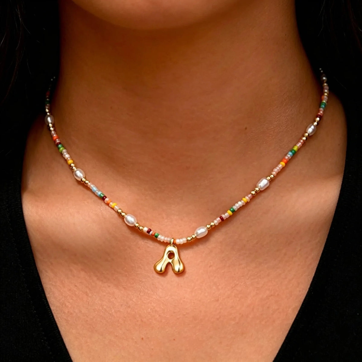 Colorful Pearl Bead Initial Necklace