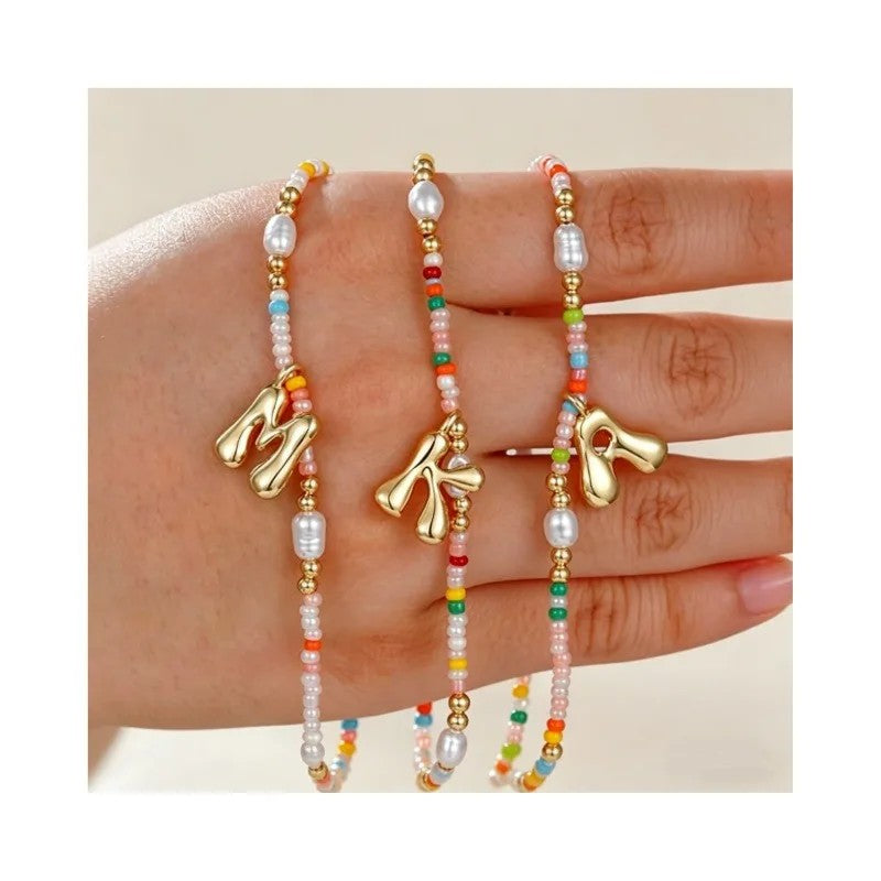 Colorful Pearl Bead Initial Necklace