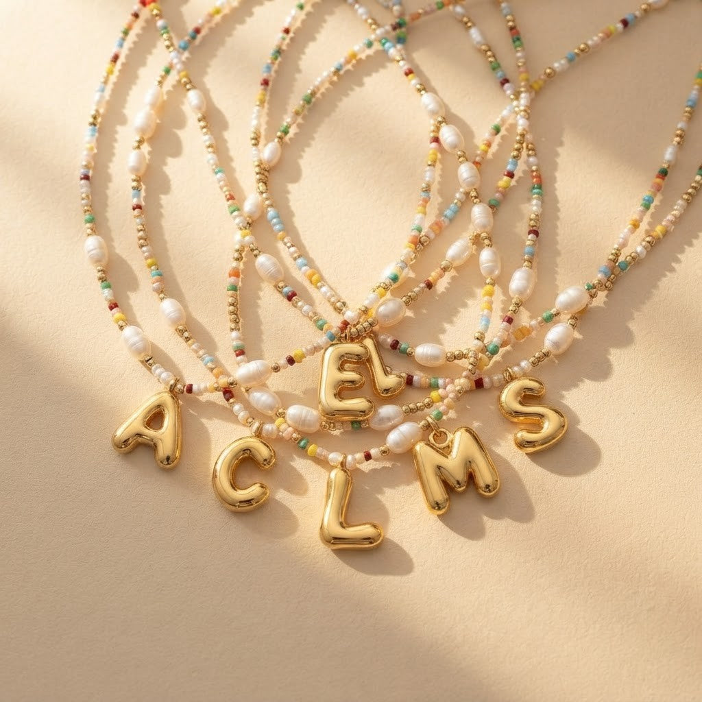 Colorful Pearl Bead Initial Necklace