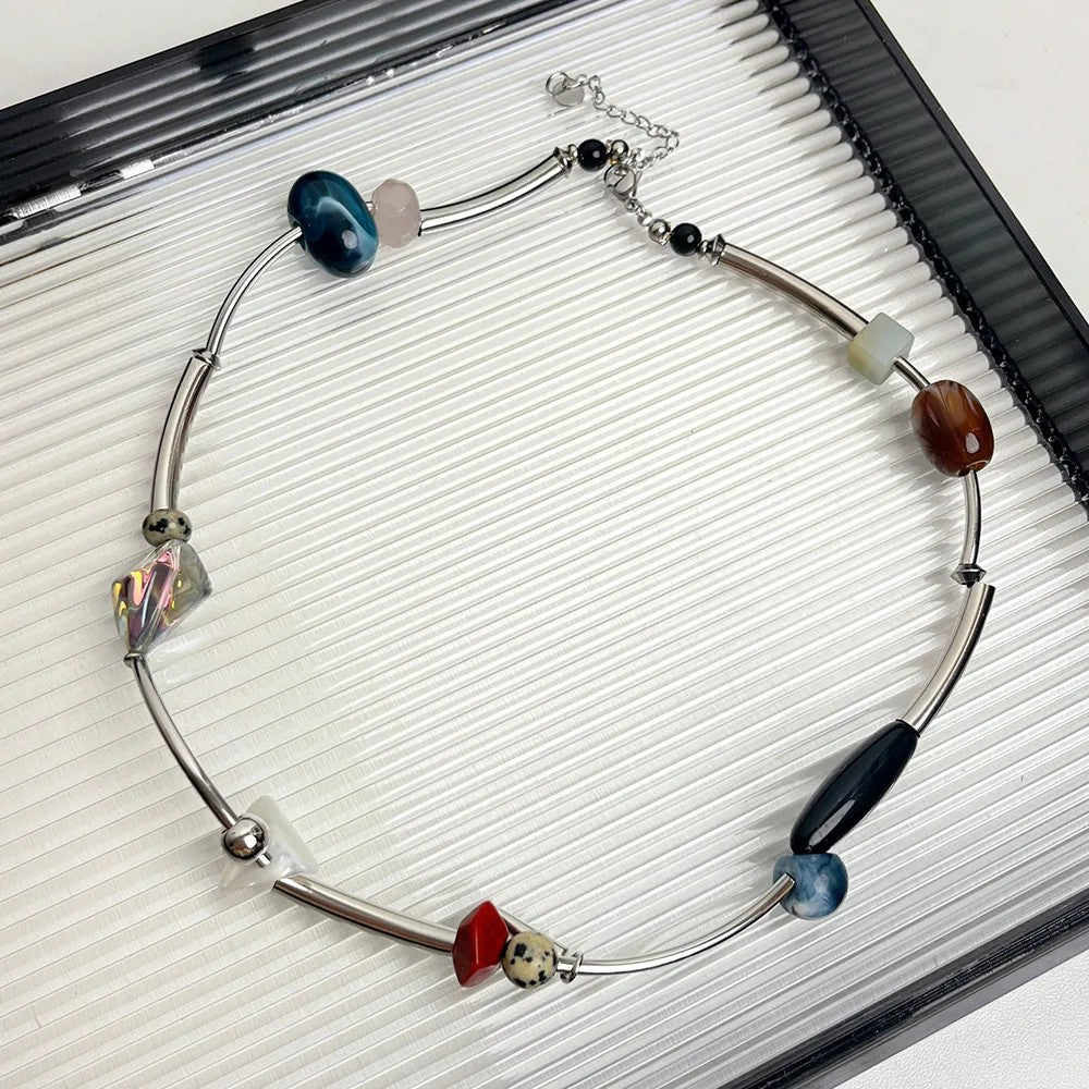 Curved Bar Mixed Bead Necklace