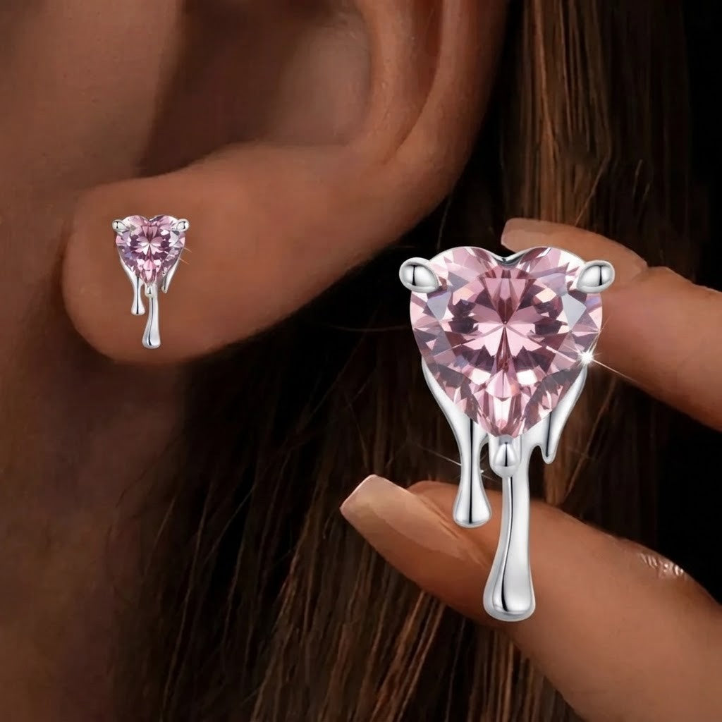 Pink Crystal Melting Heart Stud Earrings