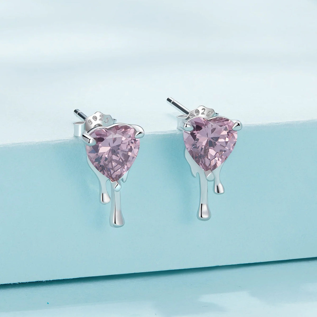 Pink Crystal Melting Heart Stud Earrings