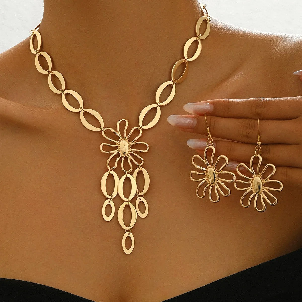 Floral Oval Link Necklace Set